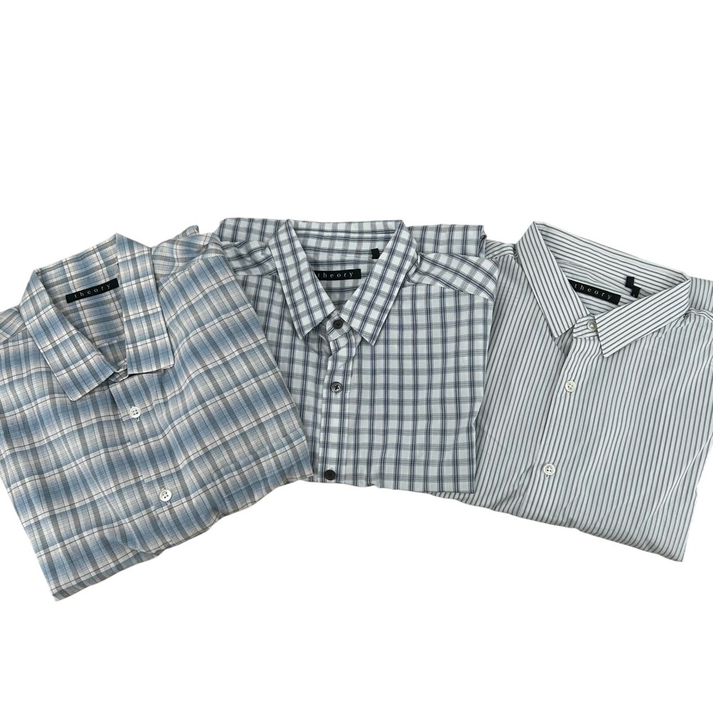 Theory‎ Button Down Shirt Mens L Blue White Plaid Striped Lot of 3 Modern Office